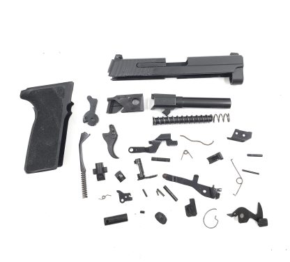 Sig Sauer P229 9mm Pistol Parts: slide, barrel, recoil spring, trigger, bar, hammer, strut, springs, grip, decocking lever, bearing, slide catch, magazine catch, ejector, seat, lever,